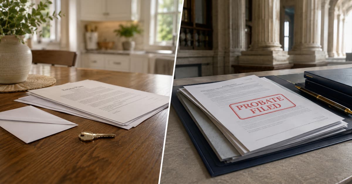 Split image of pre-probate vs probate in Florida: home interior with a letter, envelope and house key on the left; folder of legal documents stamped PROBATE FILED on a courthouse-style desk on the right.