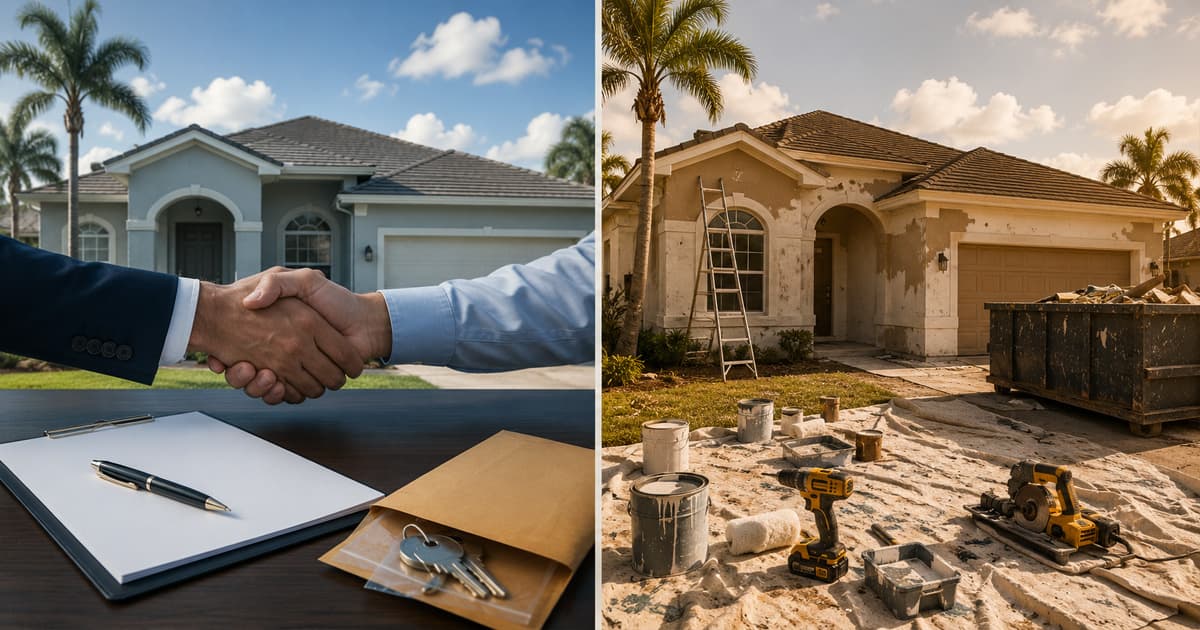 Florida single-family home split between a contract assignment and a renovation, illustrating wholesaling vs. fix-and-flip