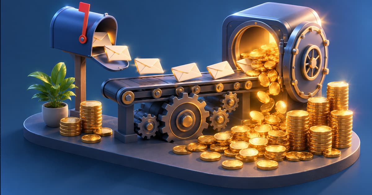 An isometric 3D illustration of a rental cash-flow engine — a mailbox dropping rent envelopes onto a conveyor that feeds an amber-lit vault with stacked coins and gears, symbolizing recurring buy-and-hold income