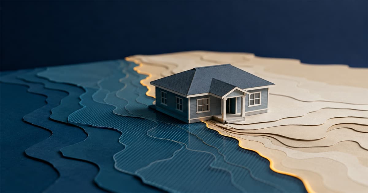 Layered paper model of a Florida home sitting astride the boundary between a blue flood hazard zone and dry land