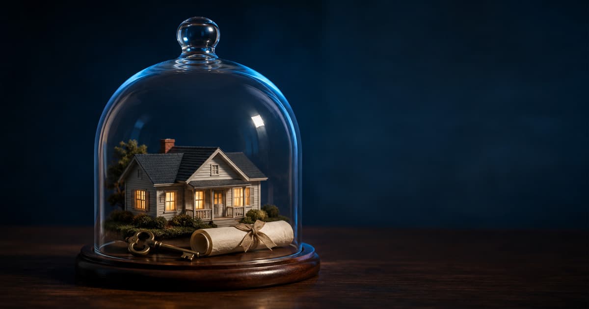 A small warmly lit model home preserved under a glass bell jar on a dark wooden surface, with an antique brass key and a ribbon-tied scroll resting at its base, symbolizing Florida homestead protection passing to heirs