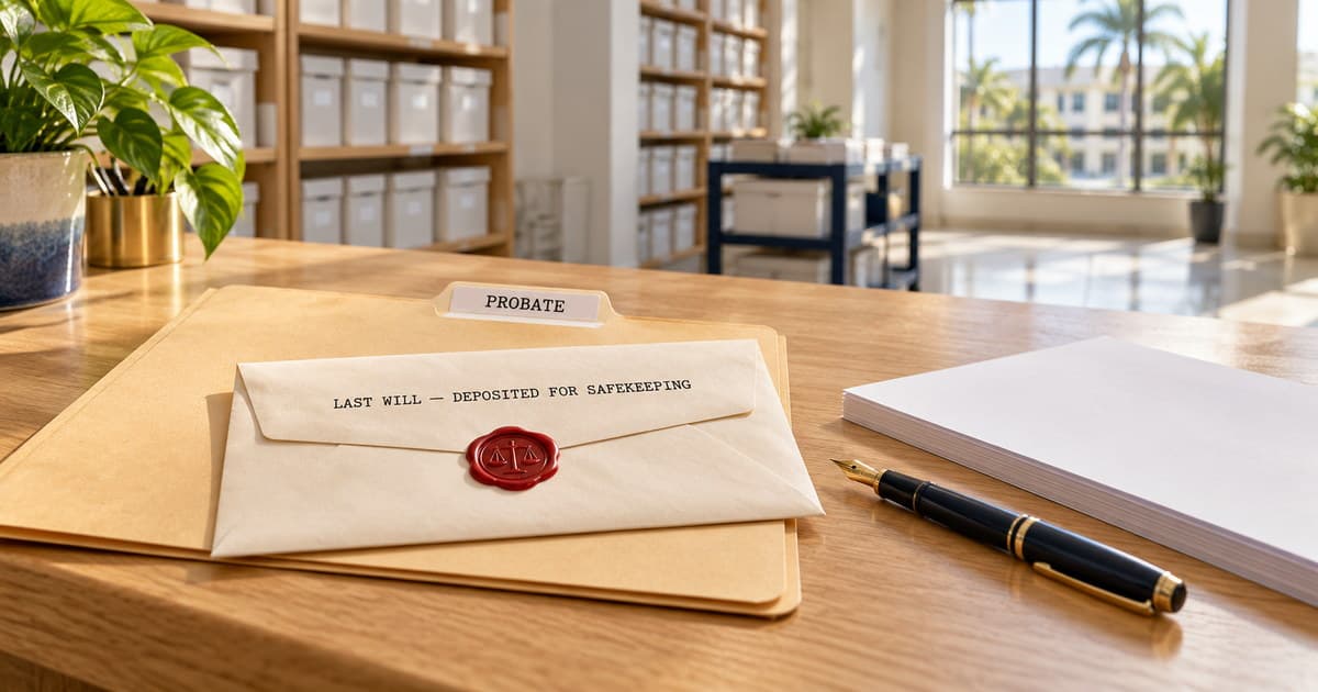 A manila probate case folder and a sealed envelope marked as a will deposited for safekeeping on a sunlit county clerk records counter, illustrating how to search Florida probate records